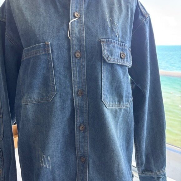Jackets & Blazers - Vintage Denim Button-Up Shirt With Pockets & Distressed Details For Casual Wear